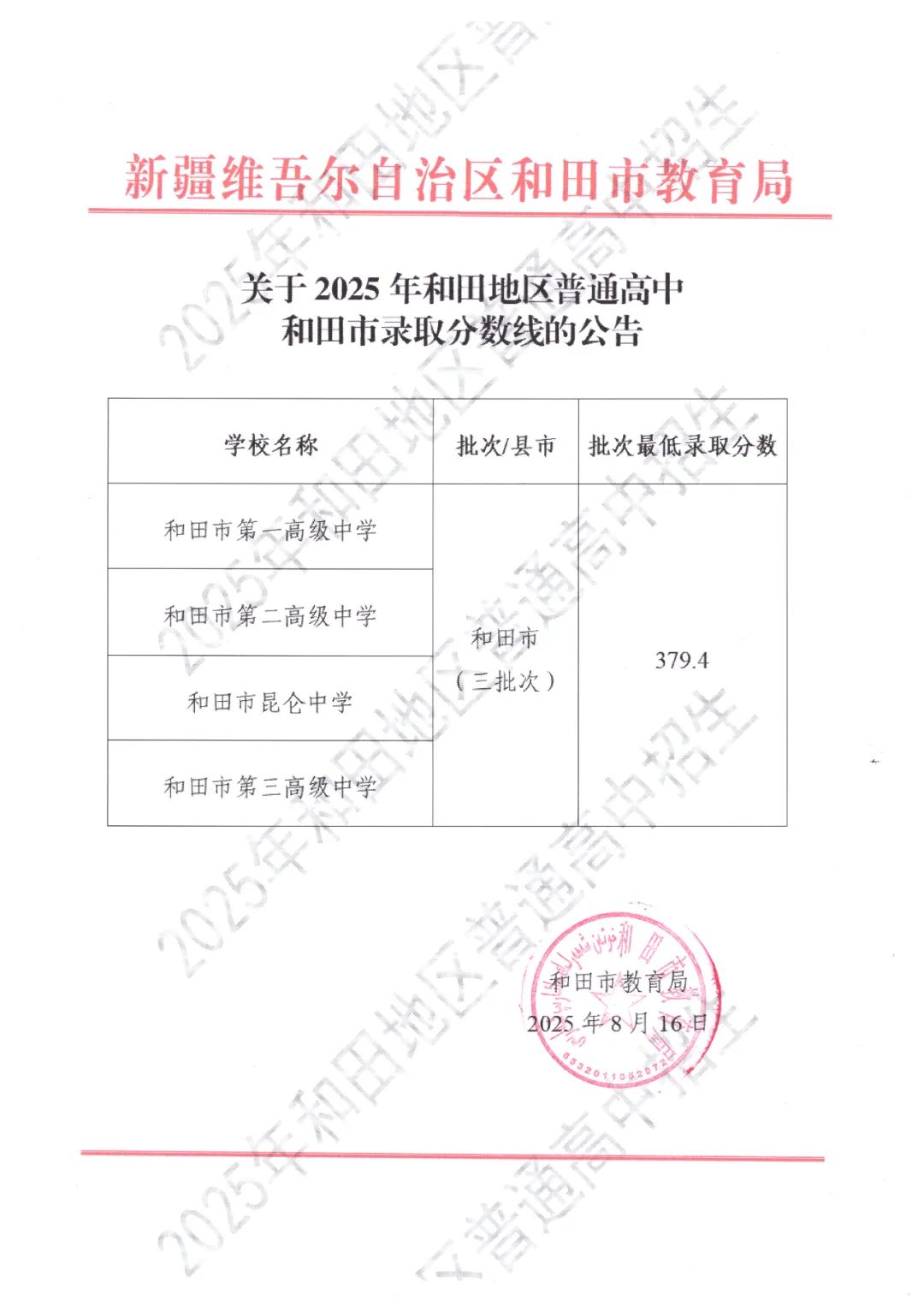 关于2025年和田地区普通高中和田市录取分数线的公告